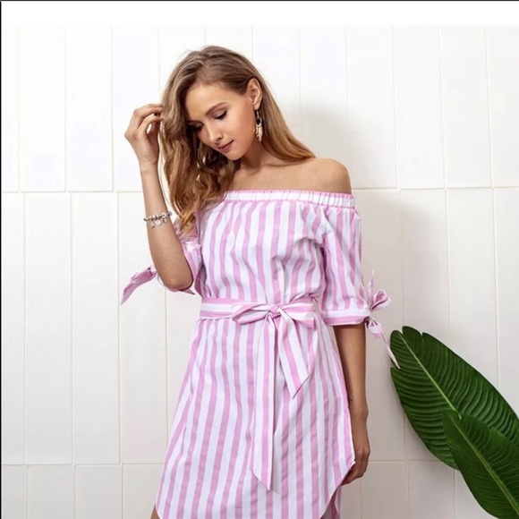 Off-Shoulder Striped Belted Shirt Dress - Picture 3 of 6